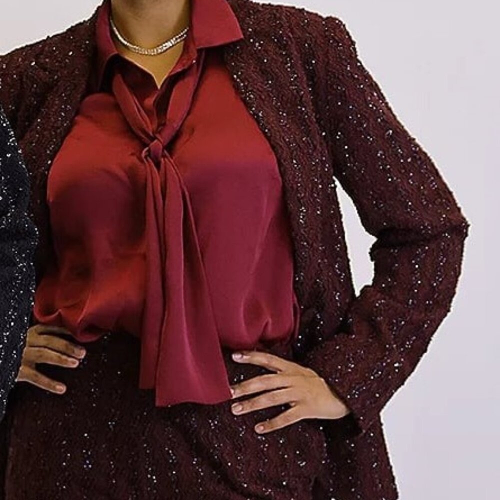 Dennis Basso Boucle Blazer Women's Burgundy & Black Textured With Sequins 2X--3X